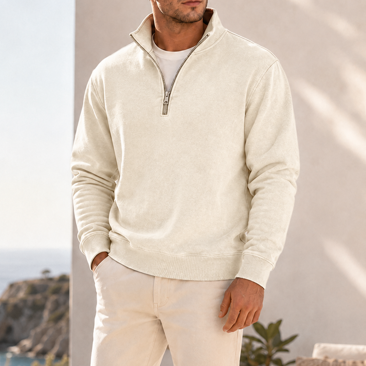 Mivanity Men's Garment-Dyed Relaxed Half-Zip French Terry Pullover