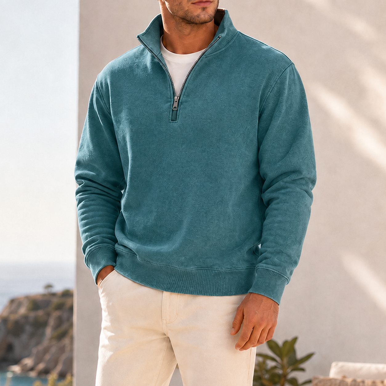 Mivanity Men's Garment-Dyed Relaxed Half-Zip French Terry Pullover