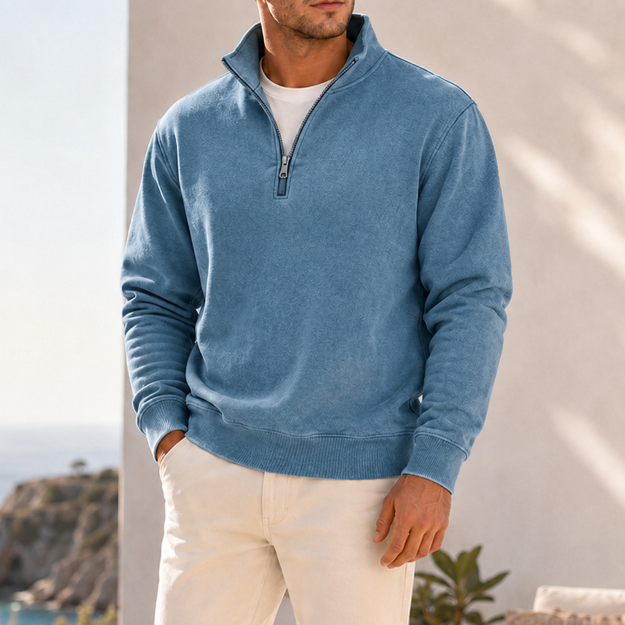 Mivanity Men's Garment-Dyed Relaxed Half-Zip French Terry Pullover