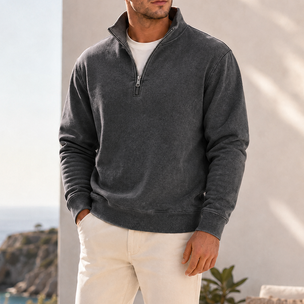 Mivanity Men's Garment-Dyed Relaxed Half-Zip French Terry Pullover