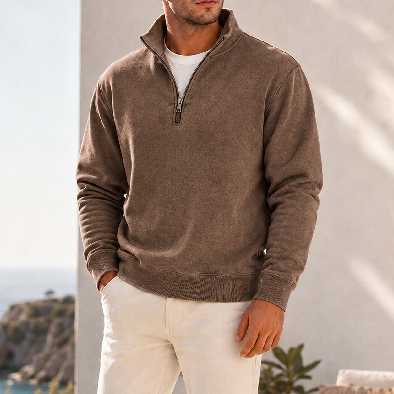 Mivanity Men's Garment-Dyed Relaxed Half-Zip French Terry Pullover
