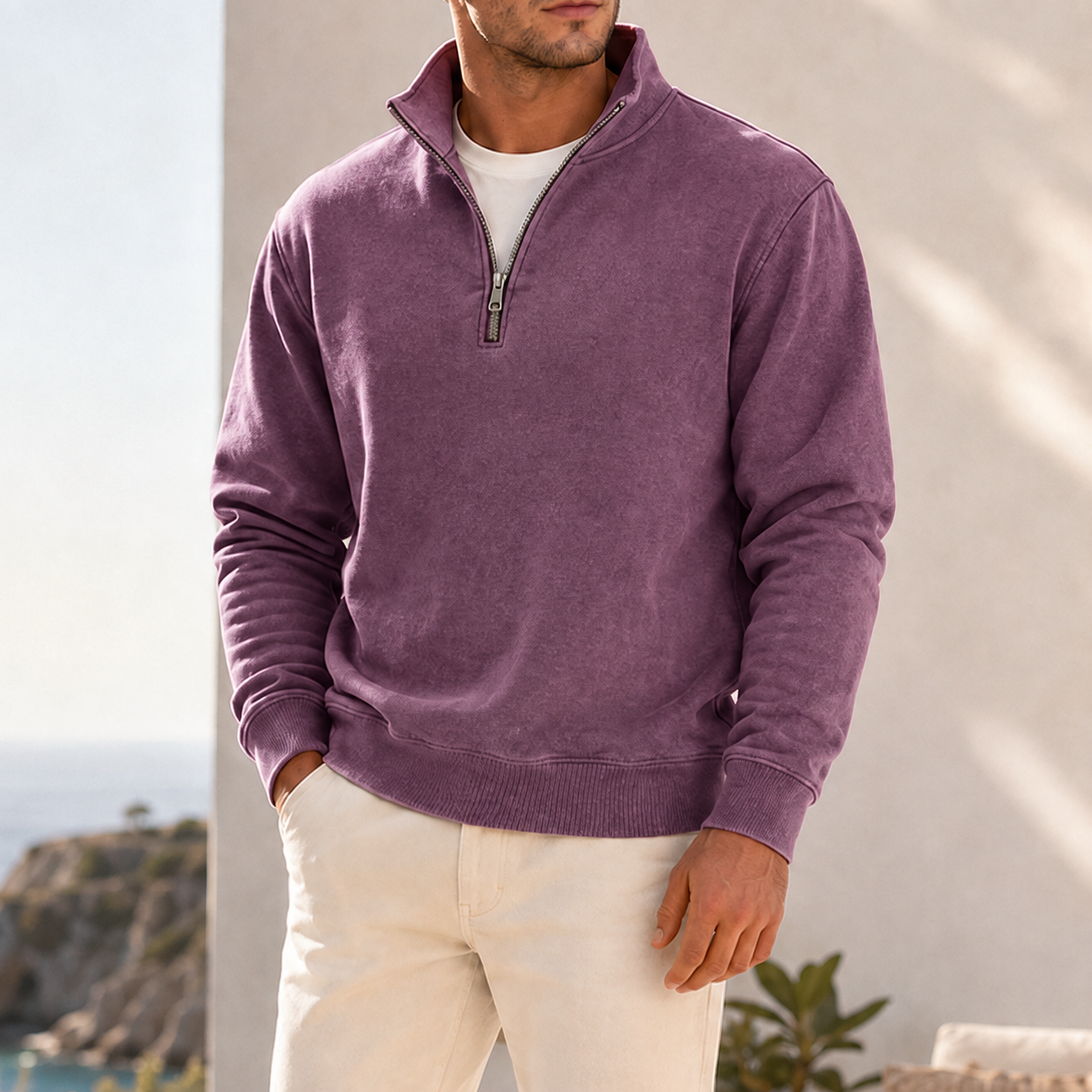 Mivanity Men's Garment-Dyed Relaxed Half-Zip French Terry Pullover