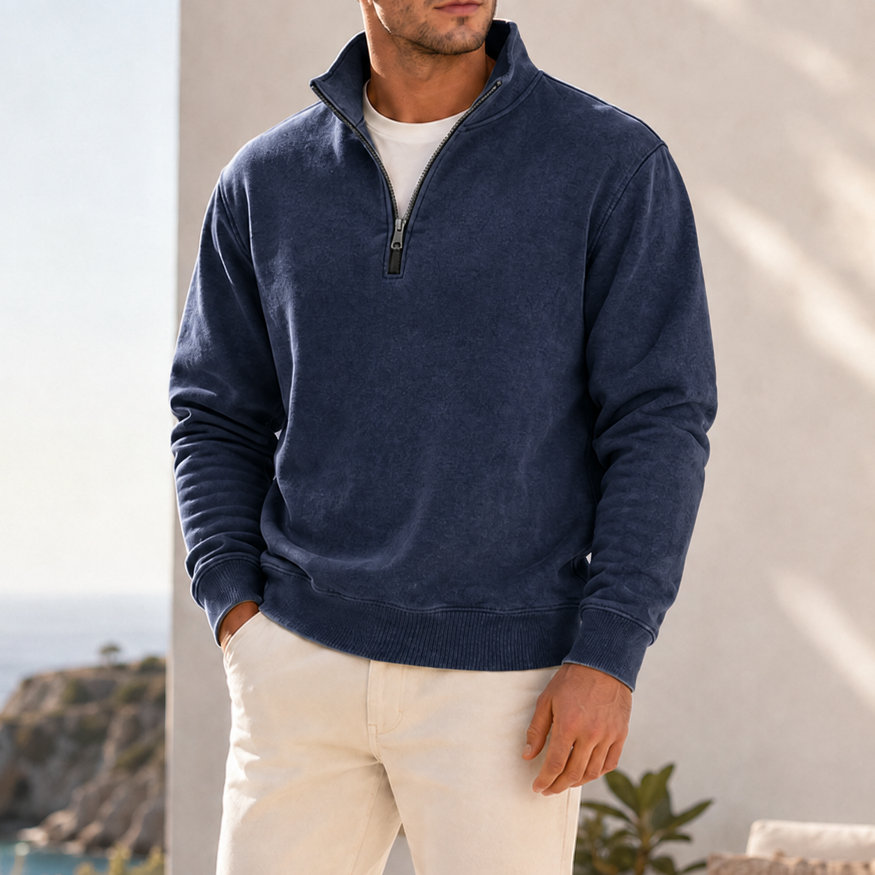Mivanity Men's Garment-Dyed Relaxed Half-Zip French Terry Pullover