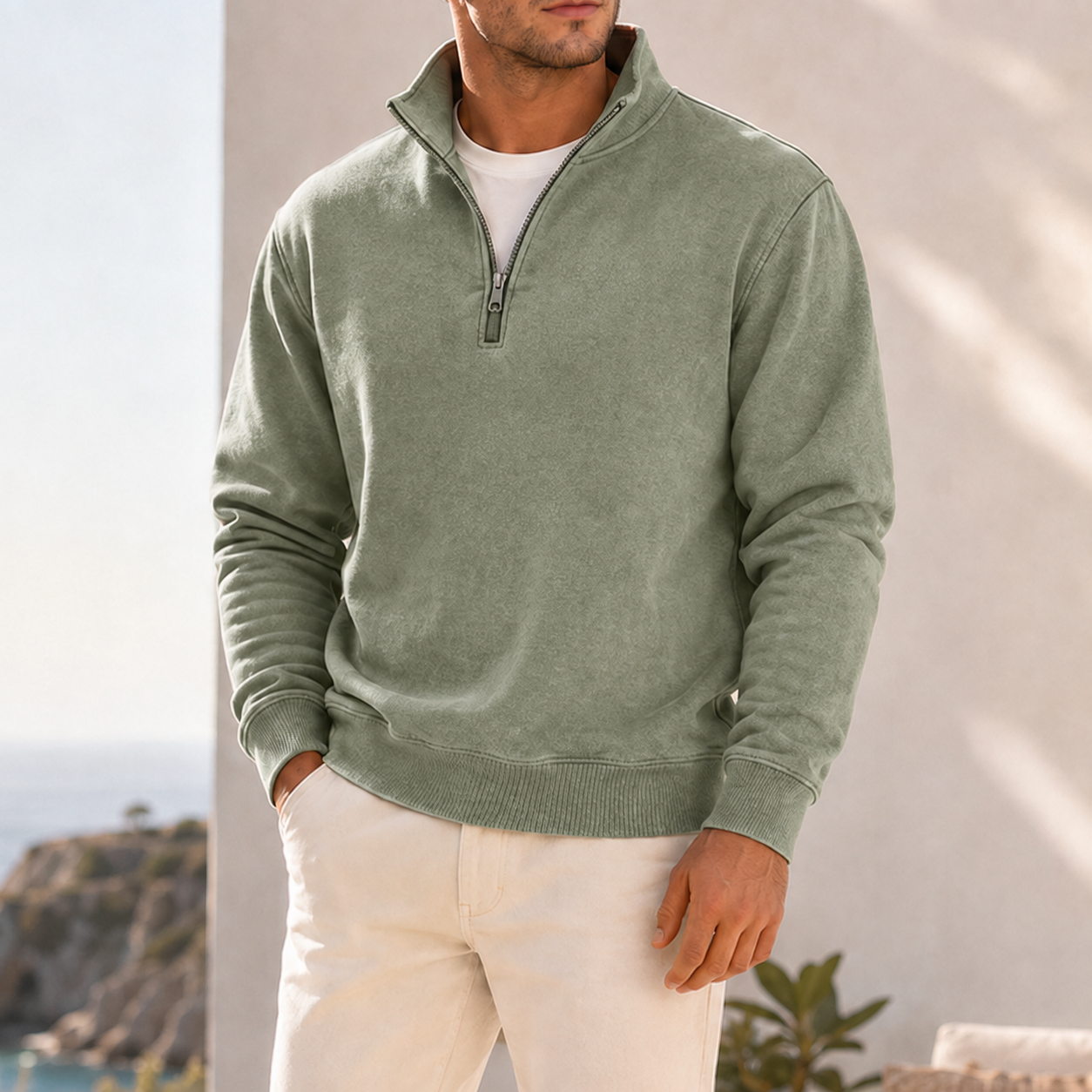 Mivanity Men's Garment-Dyed Relaxed Half-Zip French Terry Pullover
