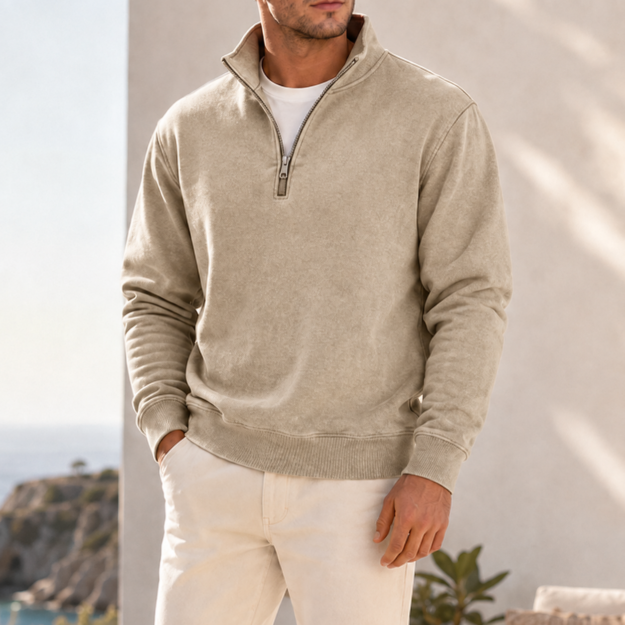 Mivanity Men's Garment-Dyed Relaxed Half-Zip French Terry Pullover