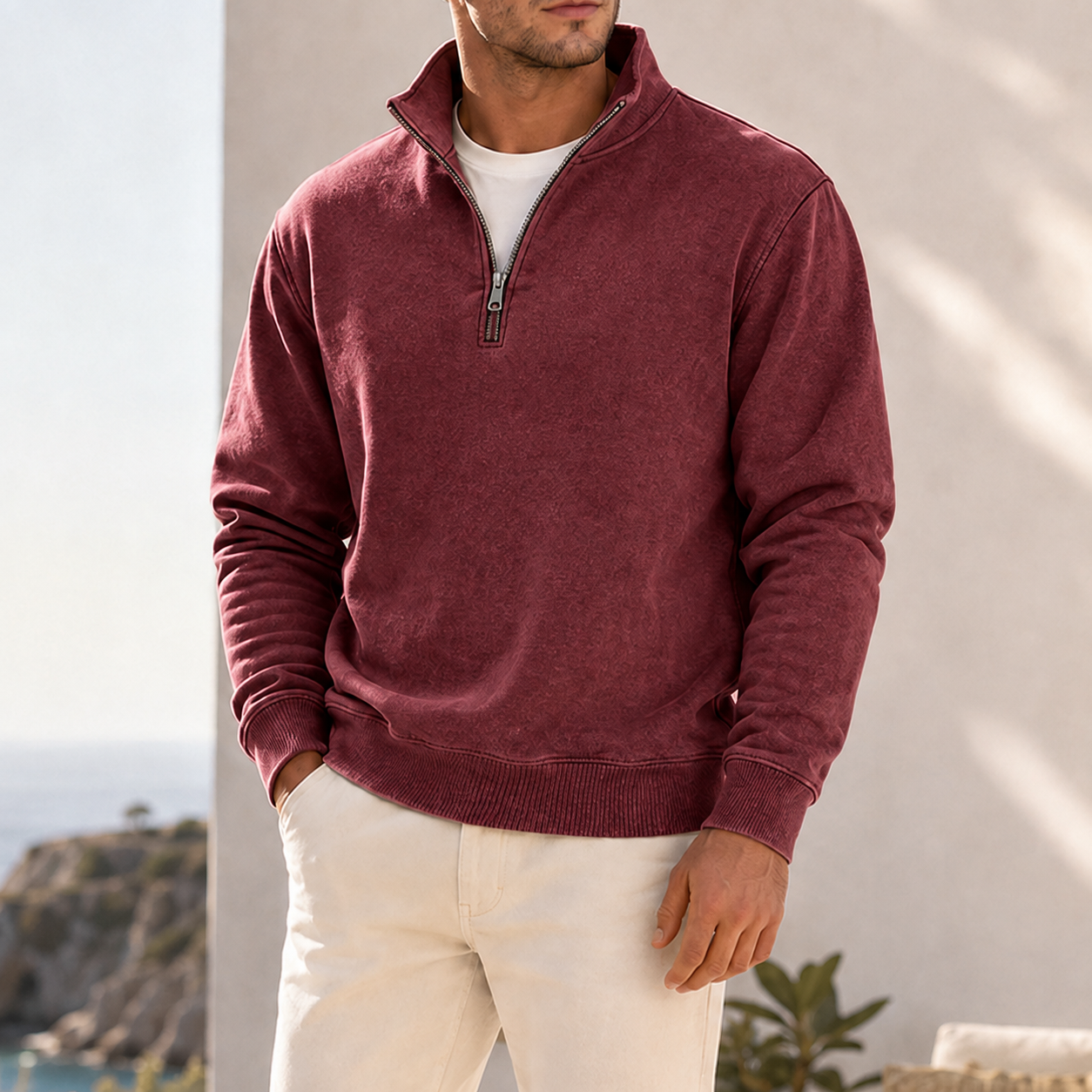 Mivanity Men's Garment-Dyed Relaxed Half-Zip French Terry Pullover