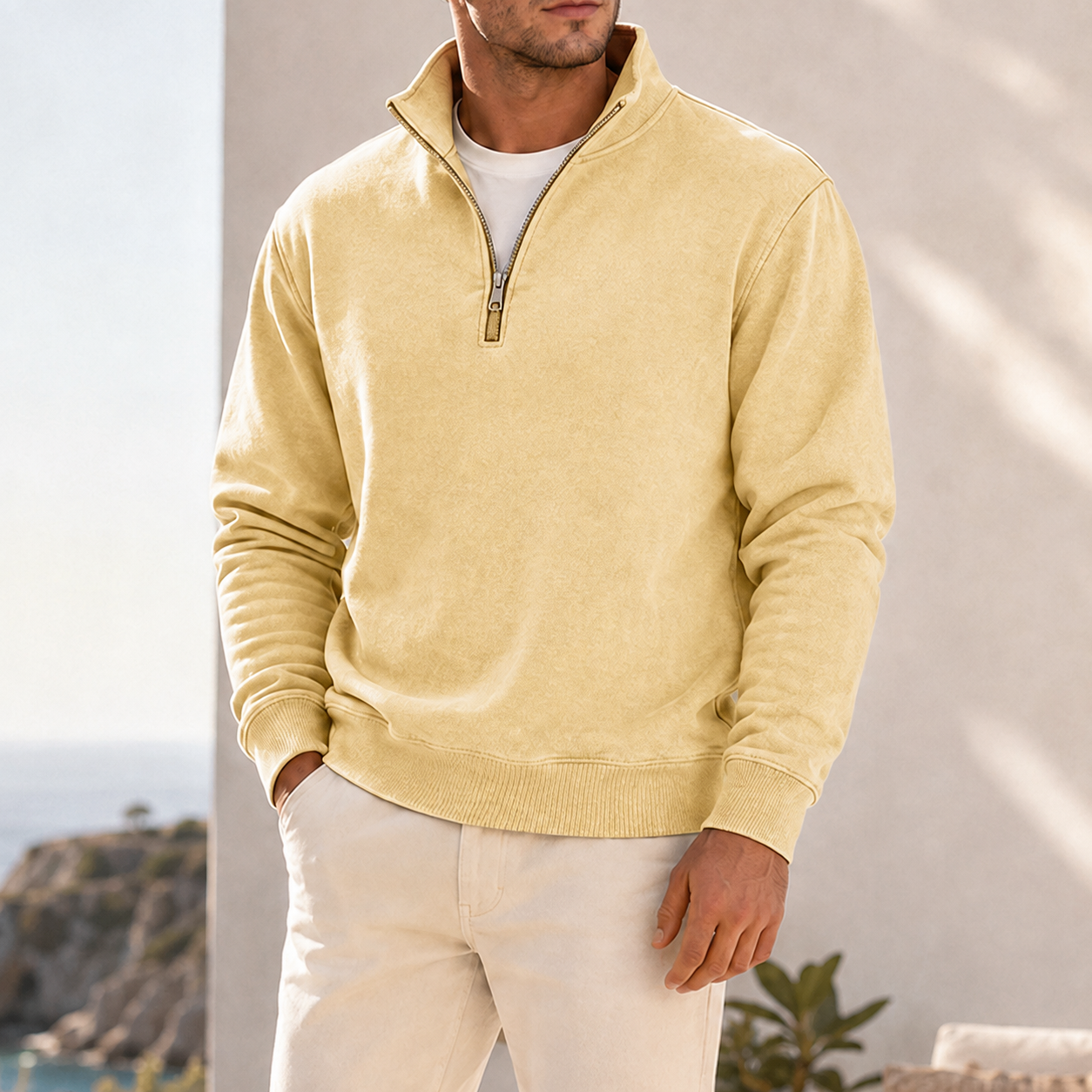 Mivanity Men's Garment-Dyed Relaxed Half-Zip French Terry Pullover