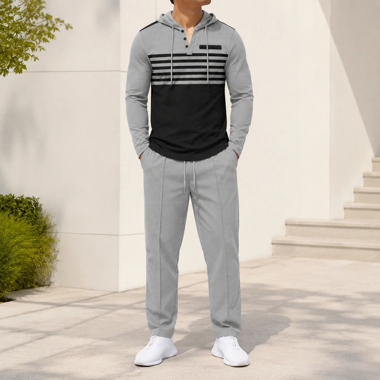 Mivanity Men's Hooded Knit Long-Sleeve Top Jogger Pants 2-Piece Sets