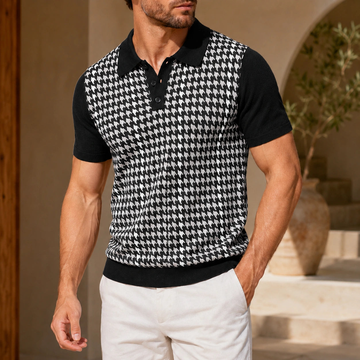 Mivanity Men's Houndstooth Jacquard Short-Sleeve Knit Shirts