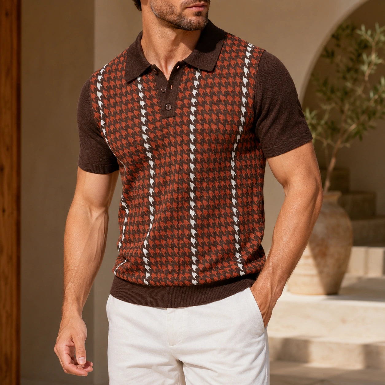 Mivanity Men's Houndstooth Jacquard Short-Sleeve Knit Shirts