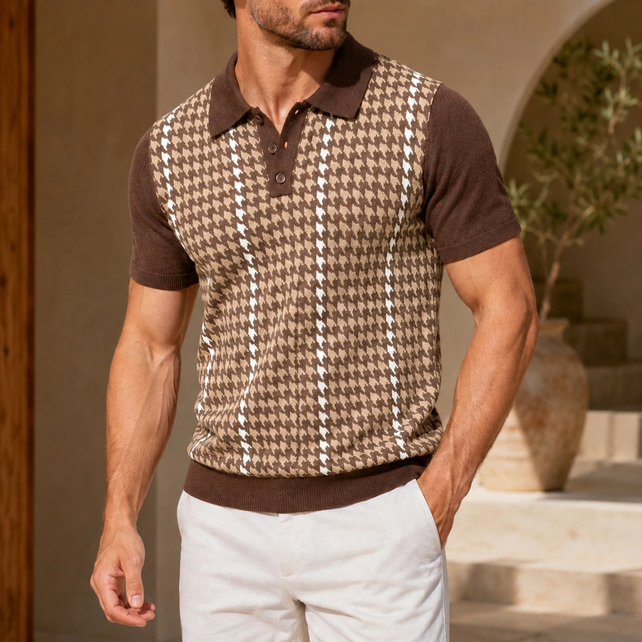 Mivanity Men's Houndstooth Jacquard Short-Sleeve Knit Shirts