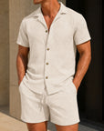 Mivanity Men's Jacquard Short-Sleeve Turndown Collar Shirt Shorts 2-Piece Summer Sets