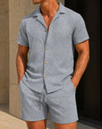 Mivanity Men's Jacquard Short-Sleeve Turndown Collar Shirt Shorts 2-Piece Summer Sets