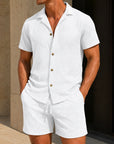 Mivanity Men's Jacquard Short-Sleeve Turndown Collar Shirt Shorts 2-Piece Summer Sets