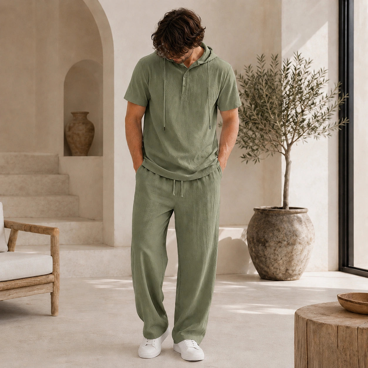 Mivanity Men's Lightweight Cotton-Linen Shirt Pants Sets
