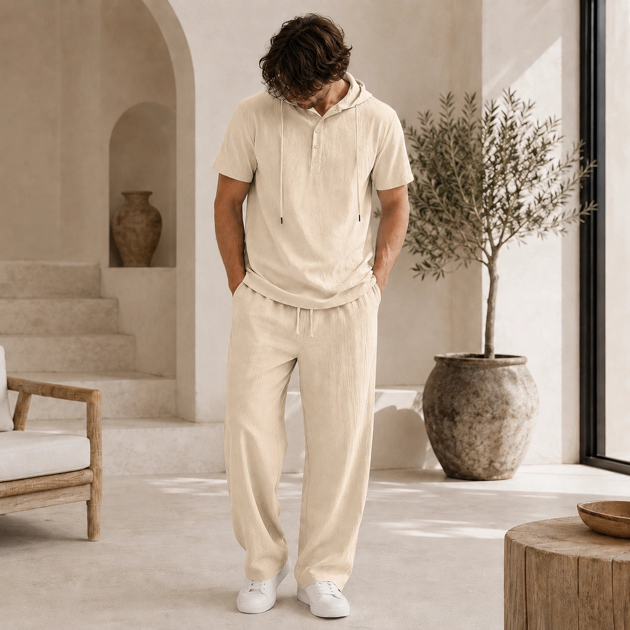 Mivanity Men's Lightweight Cotton-Linen Shirt Pants Sets
