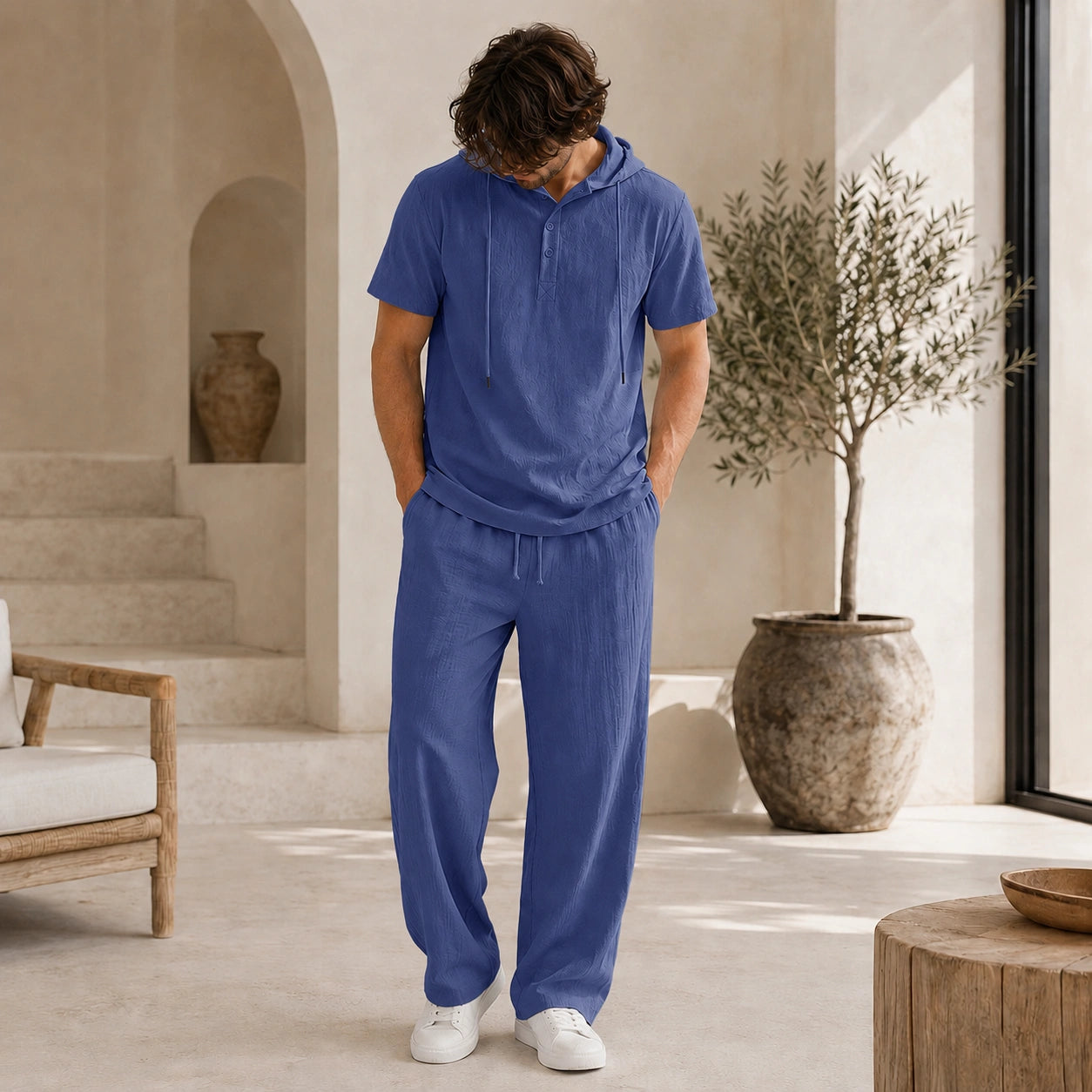 Mivanity Men's Lightweight Cotton-Linen Shirt Pants Sets