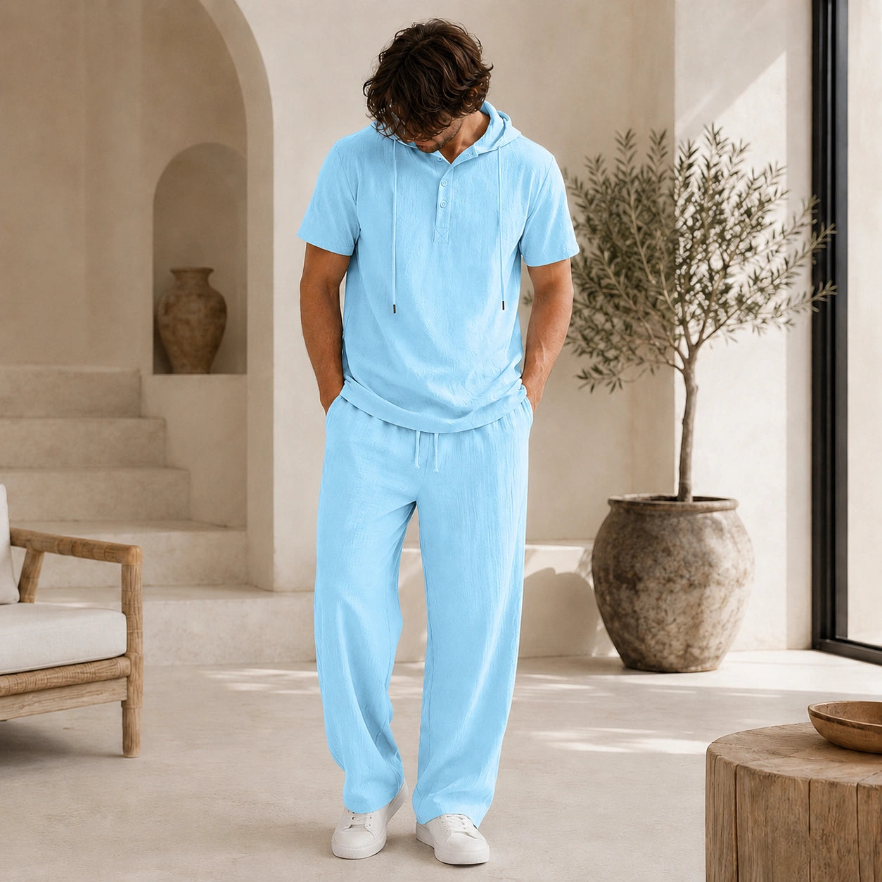 Mivanity Men's Lightweight Cotton-Linen Shirt Pants Sets