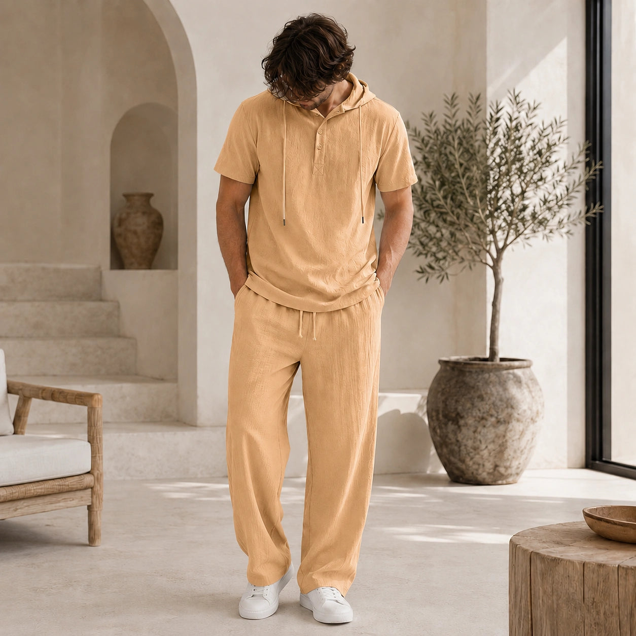 Mivanity Men's Lightweight Cotton-Linen Shirt Pants Sets