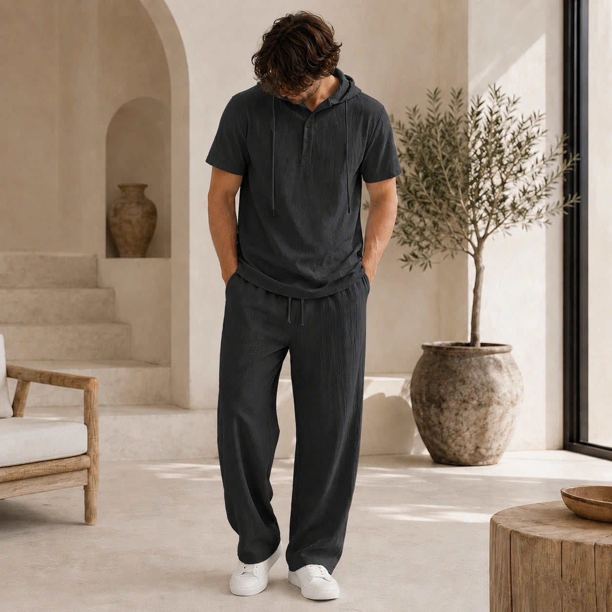 Mivanity Men's Lightweight Cotton-Linen Shirt Pants Sets