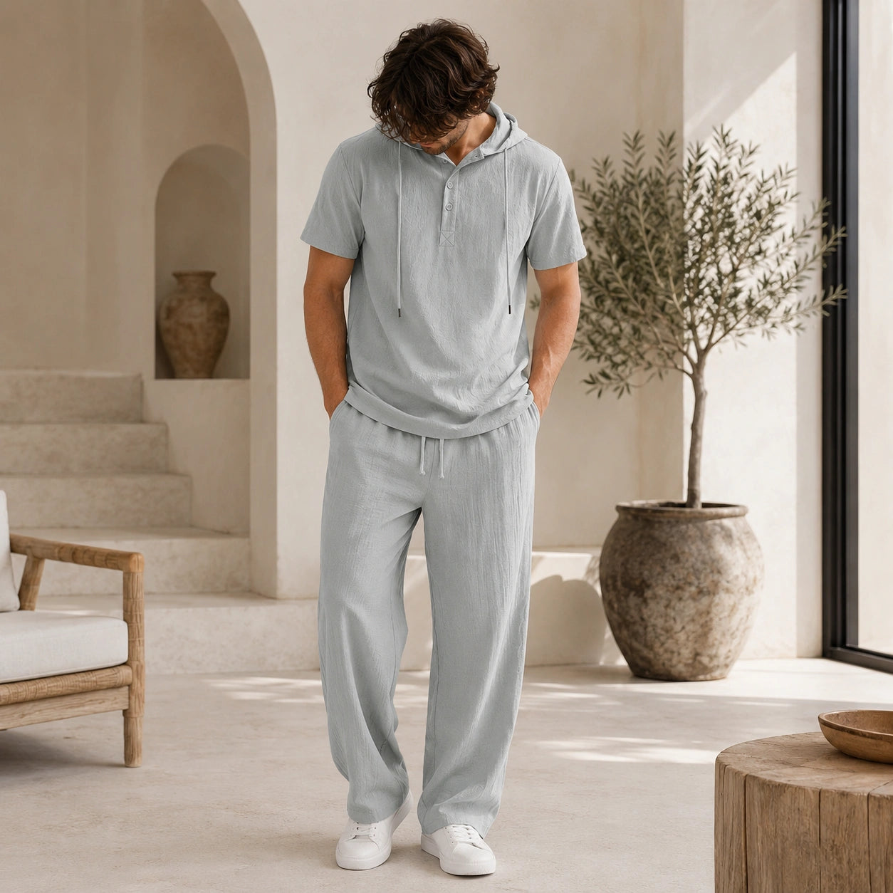 Mivanity Men's Lightweight Cotton-Linen Shirt Pants Sets