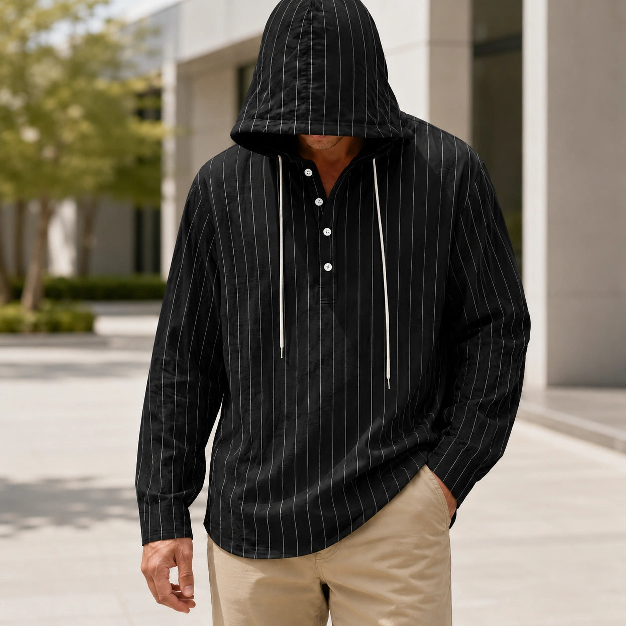 Mivanity Men's Lightweight Linen Hooded Striped Shirts