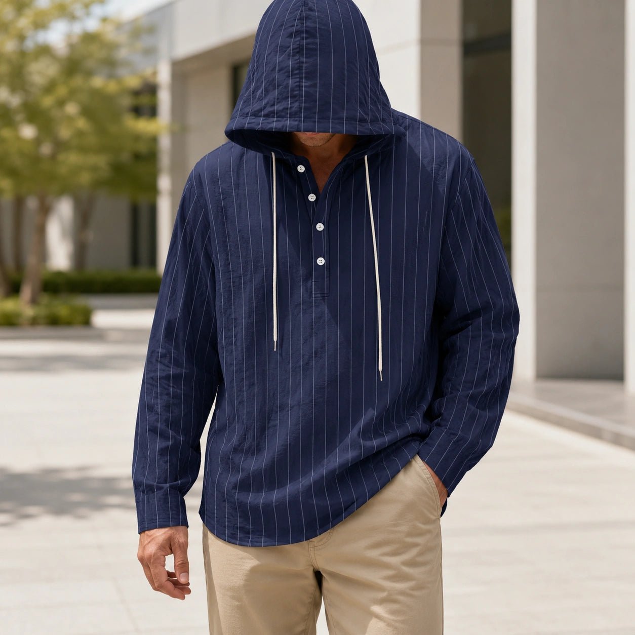 Mivanity Men's Lightweight Linen Hooded Striped Shirts