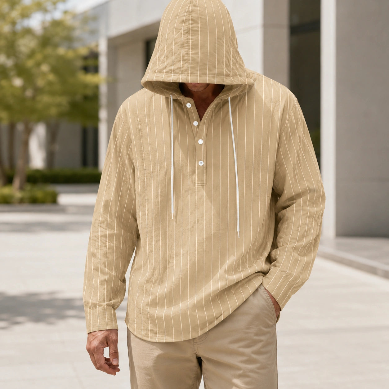 Mivanity Men's Lightweight Linen Hooded Striped Shirts