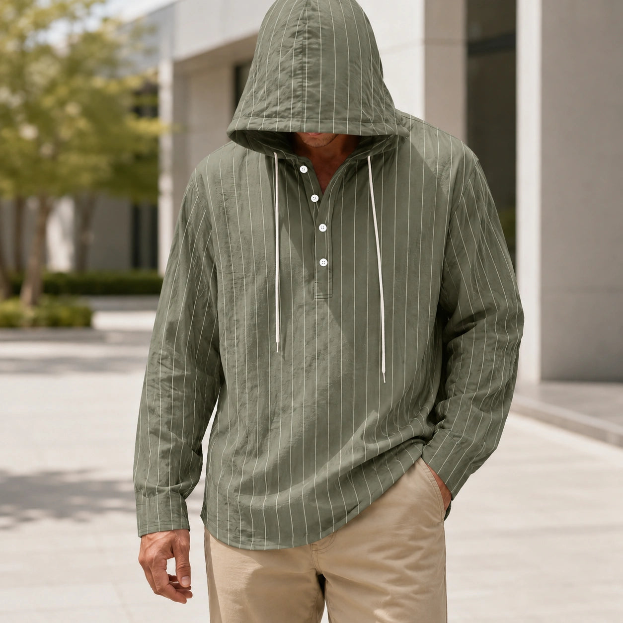 Mivanity Men's Lightweight Linen Hooded Striped Shirts