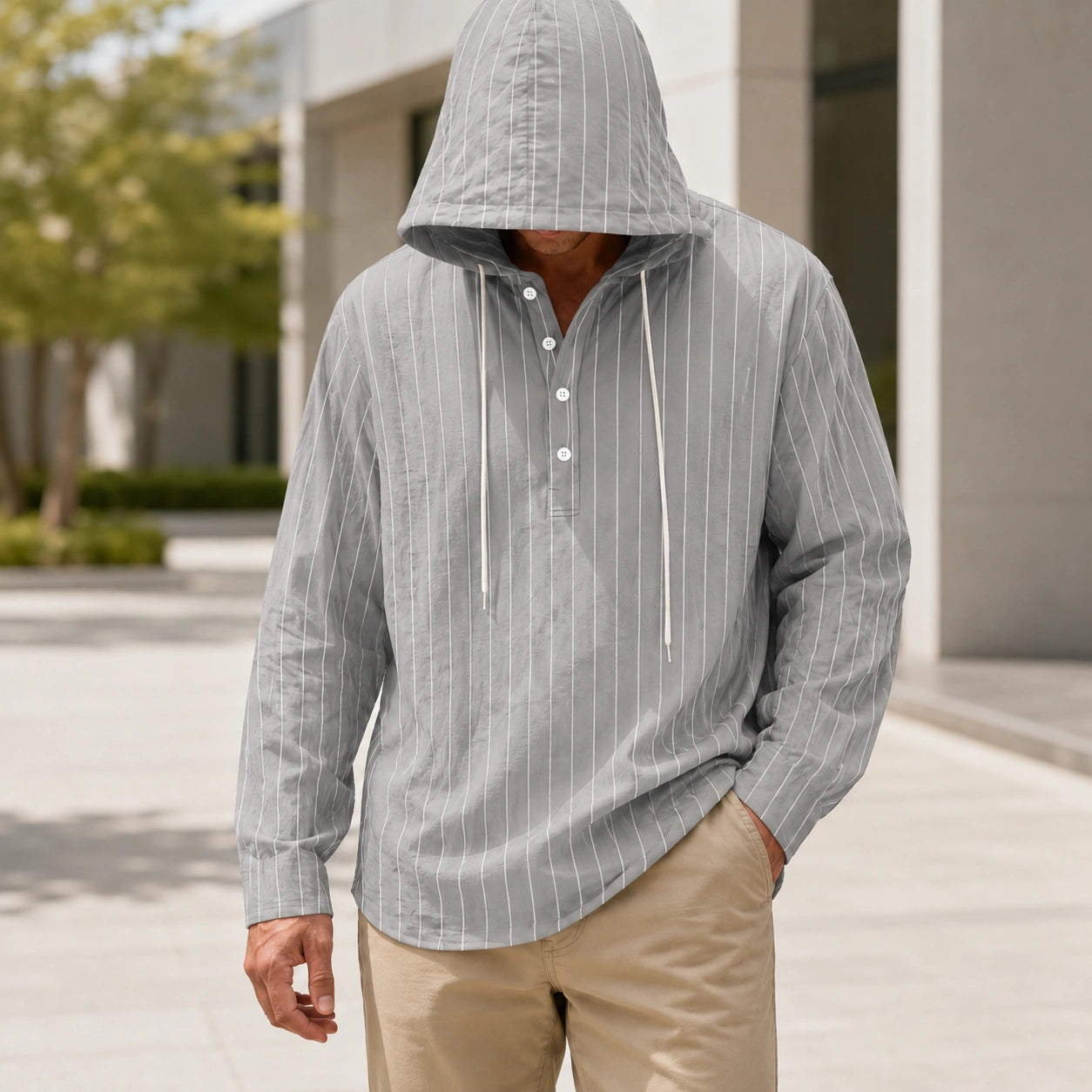 Mivanity Men's Lightweight Linen Hooded Striped Shirts