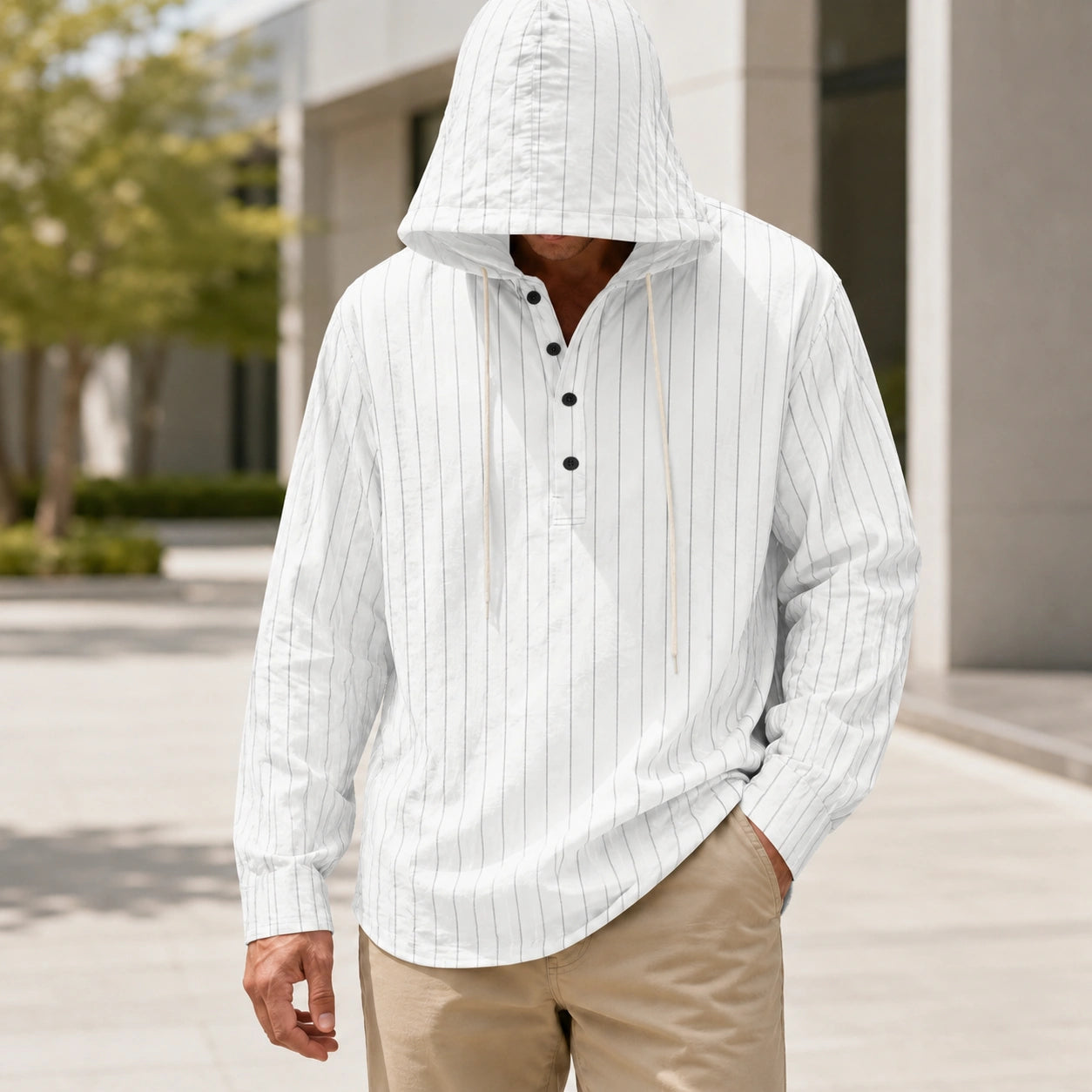 Mivanity Men's Lightweight Linen Hooded Striped Shirts