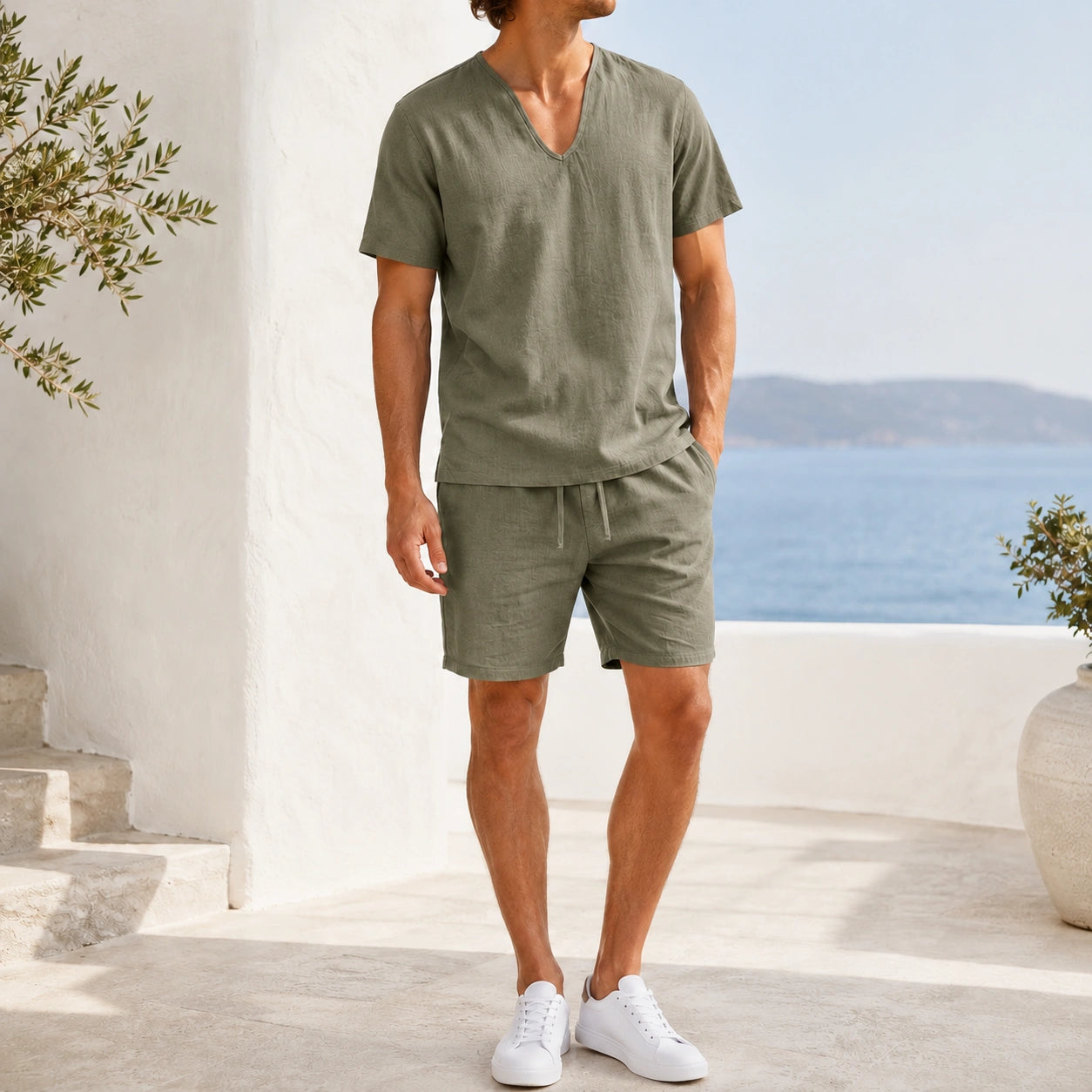 Mivanity Men's Lightweight Linen Pullover Shorts Sets