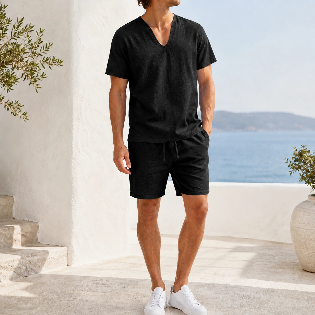 Mivanity Men's Lightweight Linen Pullover Shorts Sets