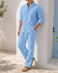 Mivanity Men's Linen Grandad Collar Long Sleeve Shirt Linen Pants 2-Piece Casual Sets