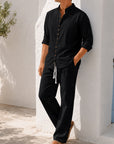 Mivanity Men's Linen Grandad Collar Long Sleeve Shirt Linen Pants 2-Piece Casual Sets