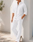 Mivanity Men's Linen Grandad Collar Long Sleeve Shirt Linen Pants 2-Piece Casual Sets