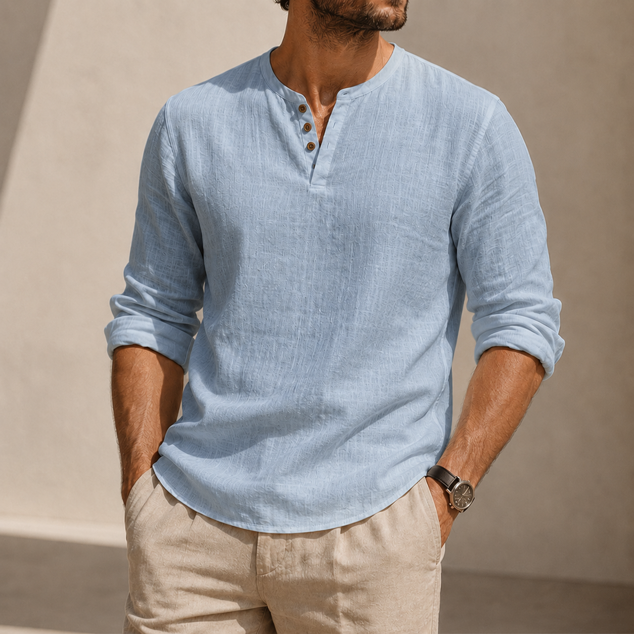 Mivanity Men's Linen Henley Shirt with Stretch Back