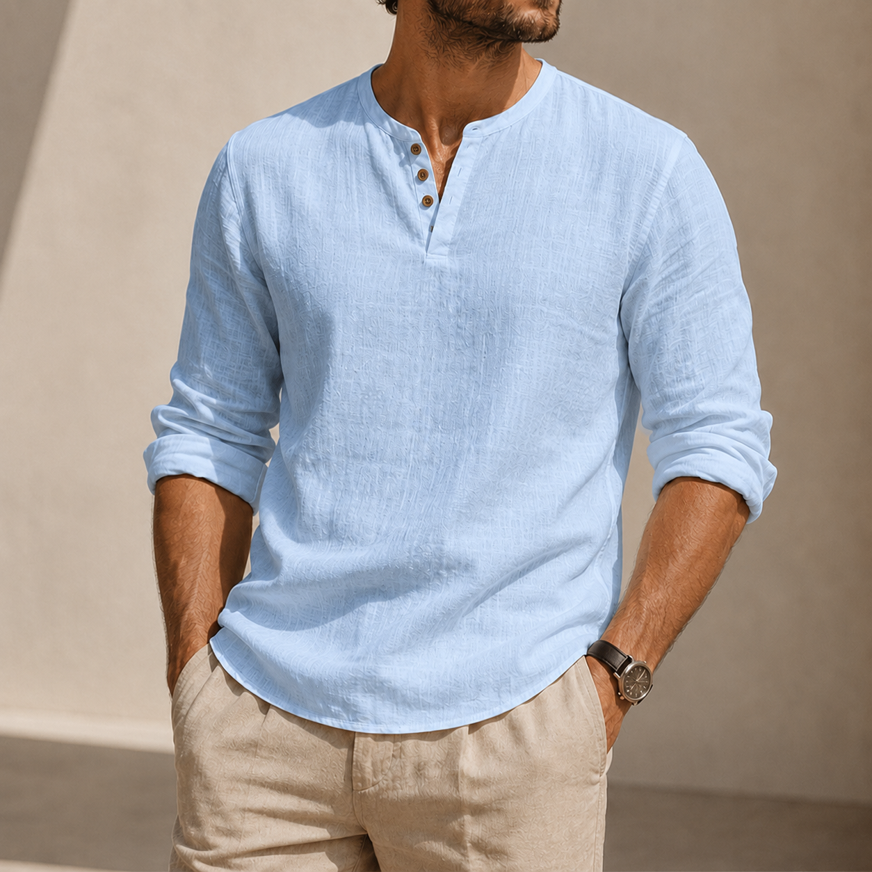 Mivanity Men's Linen Henley Shirt with Stretch Back