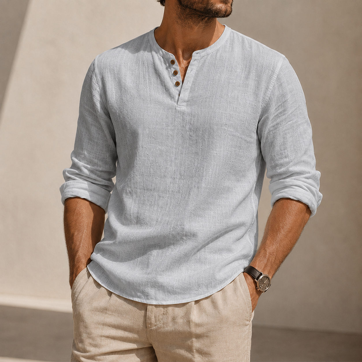 Mivanity Men's Linen Henley Shirt with Stretch Back