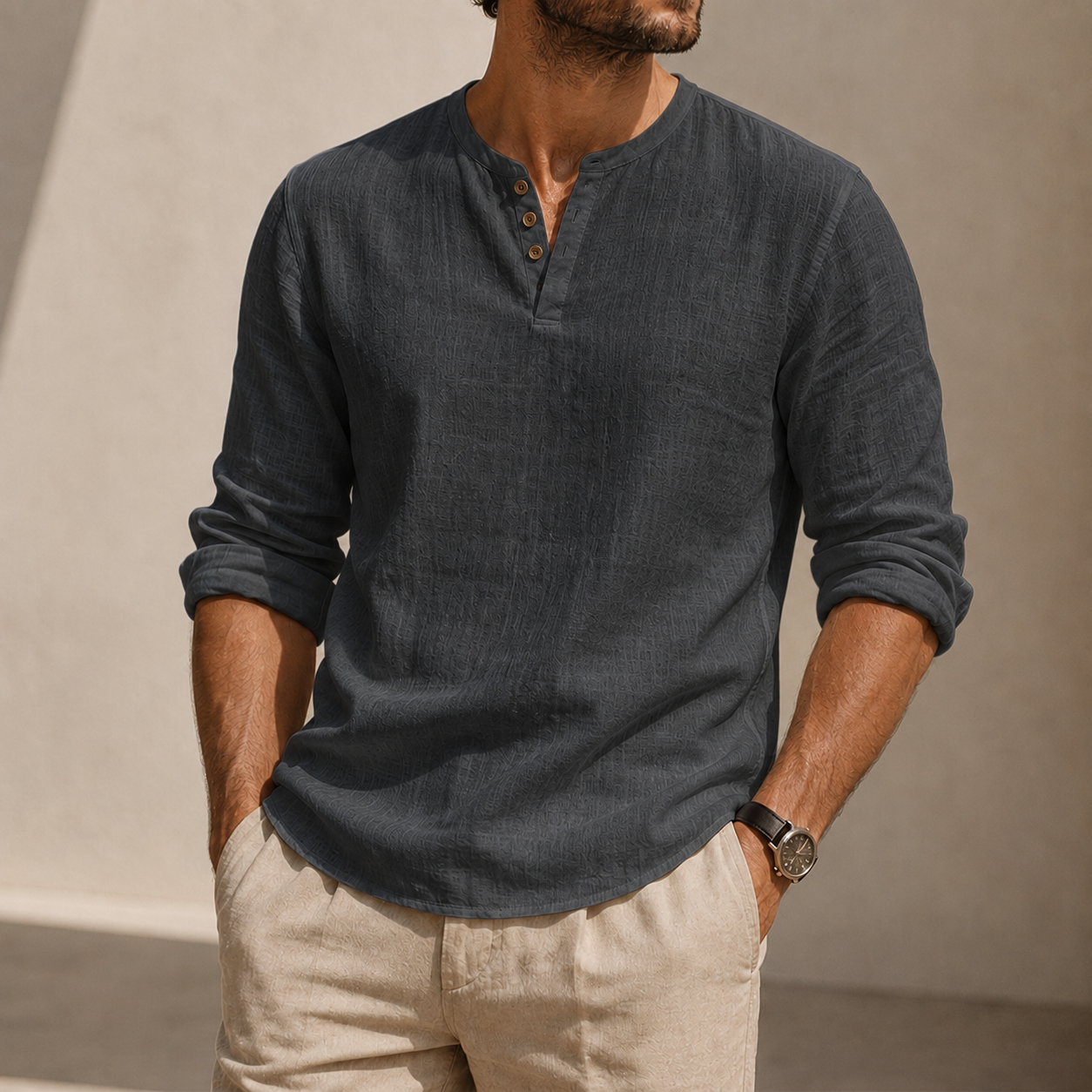 Mivanity Men's Linen Henley Shirt with Stretch Back