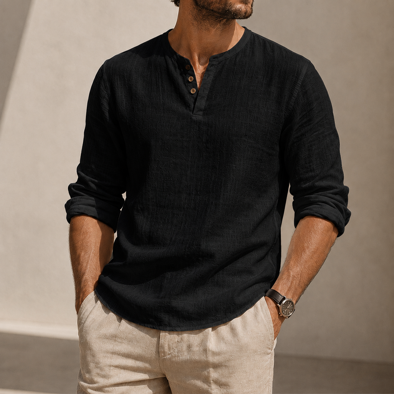 Mivanity Men's Linen Henley Shirt with Stretch Back