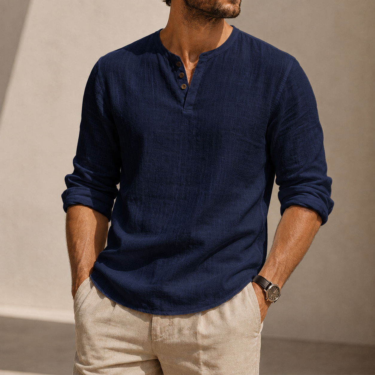 Mivanity Men's Linen Henley Shirt with Stretch Back
