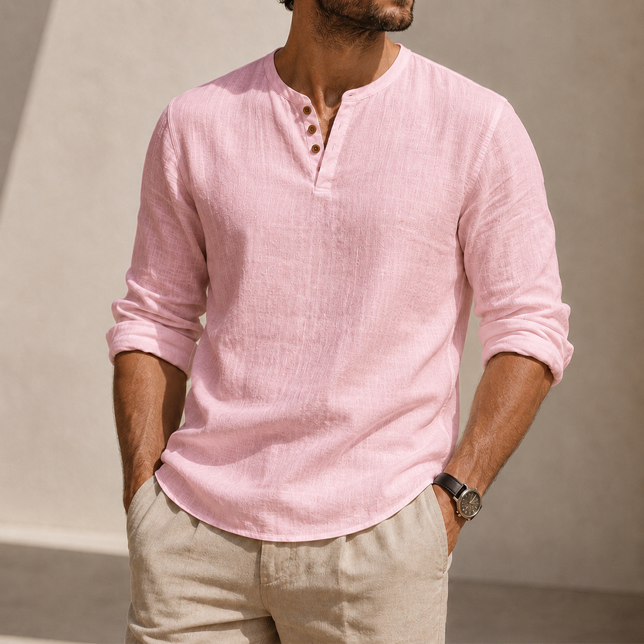 Mivanity Men's Linen Henley Shirt with Stretch Back