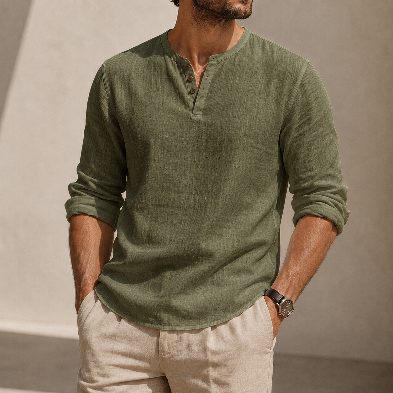 Mivanity Men's Linen Henley Shirt with Stretch Back