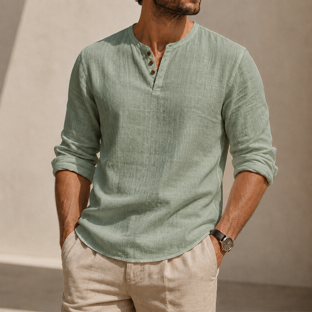 Mivanity Men's Linen Henley Shirt with Stretch Back