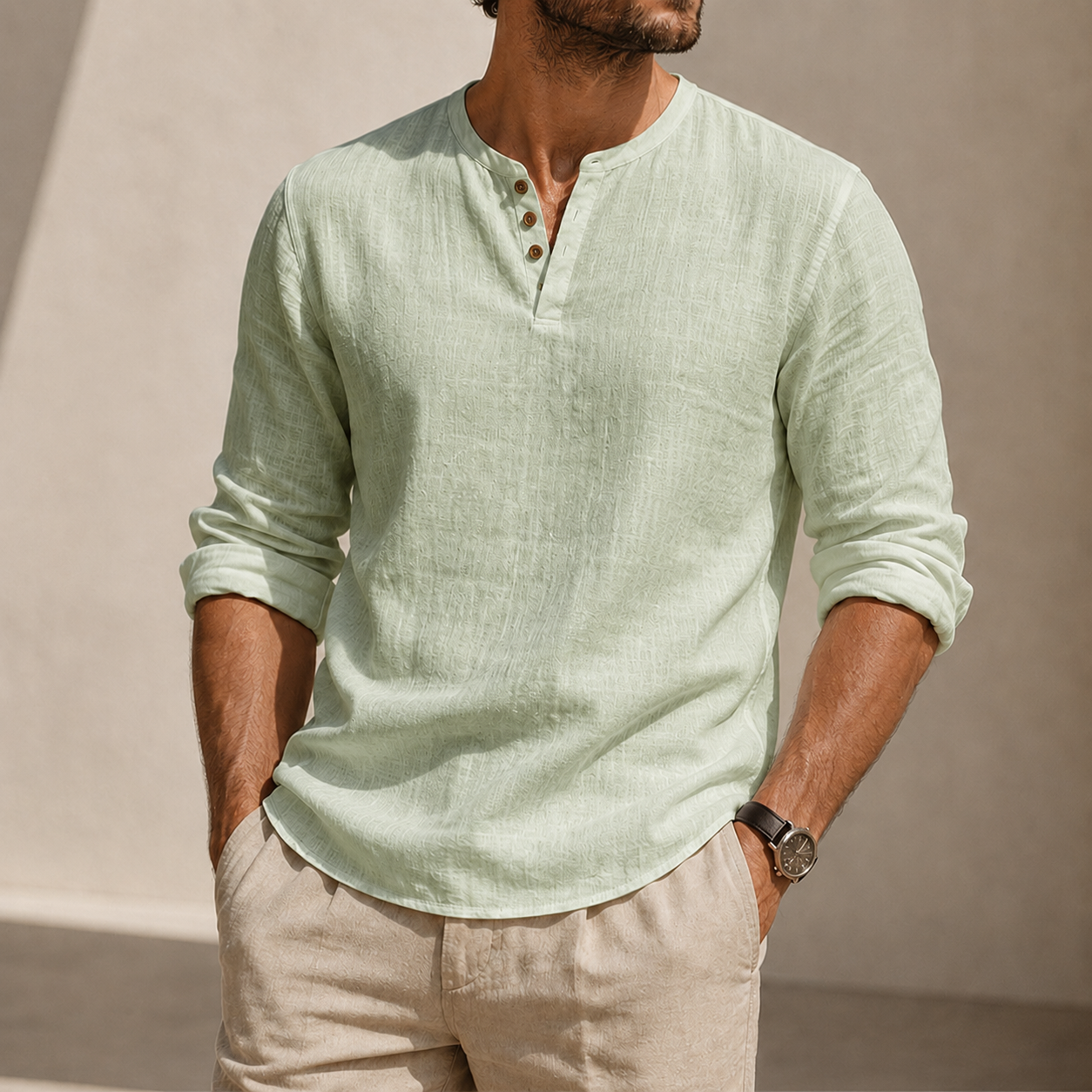 Mivanity Men's Linen Henley Shirt with Stretch Back