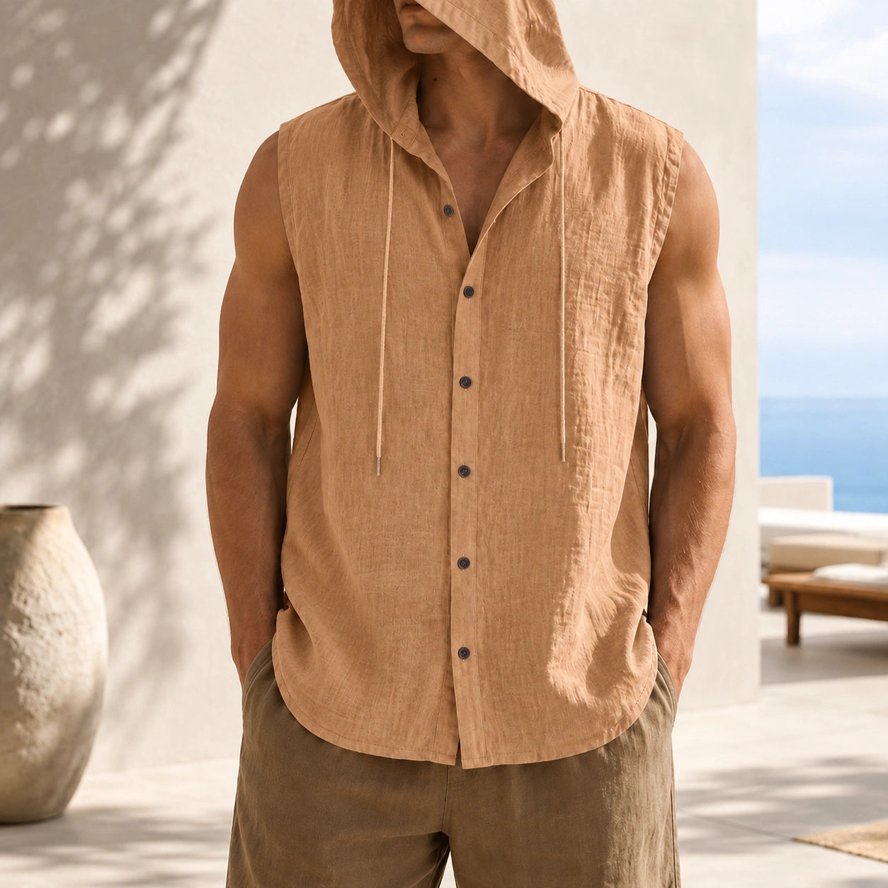 Mivanity Men's Linen Hooded Cardigan Tank Tops