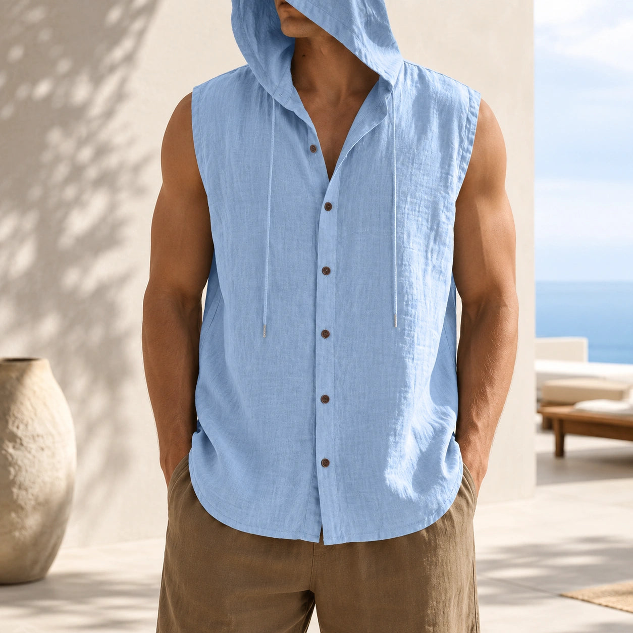 Mivanity Men's Linen Hooded Cardigan Tank Tops