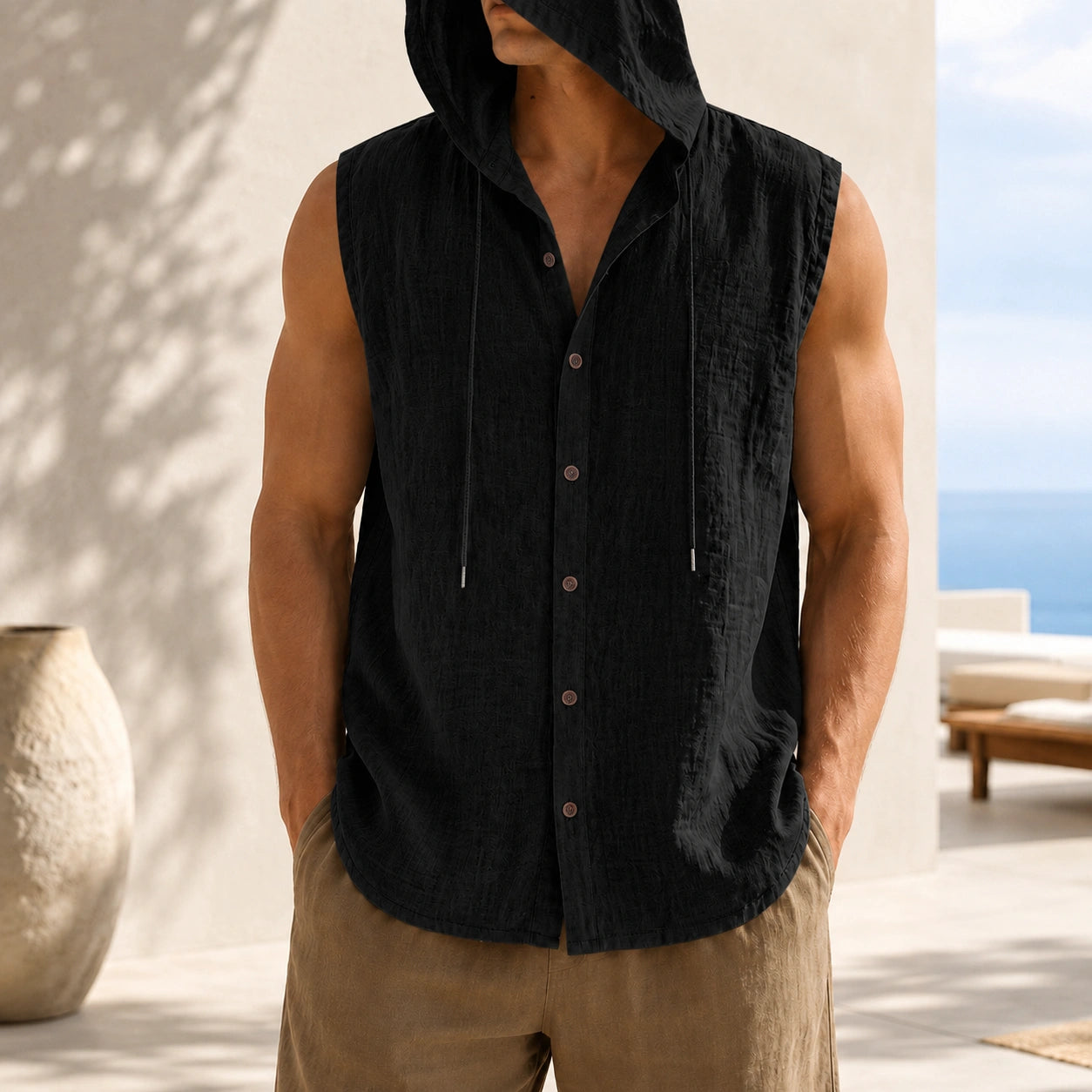 Mivanity Men's Linen Hooded Cardigan Tank Tops