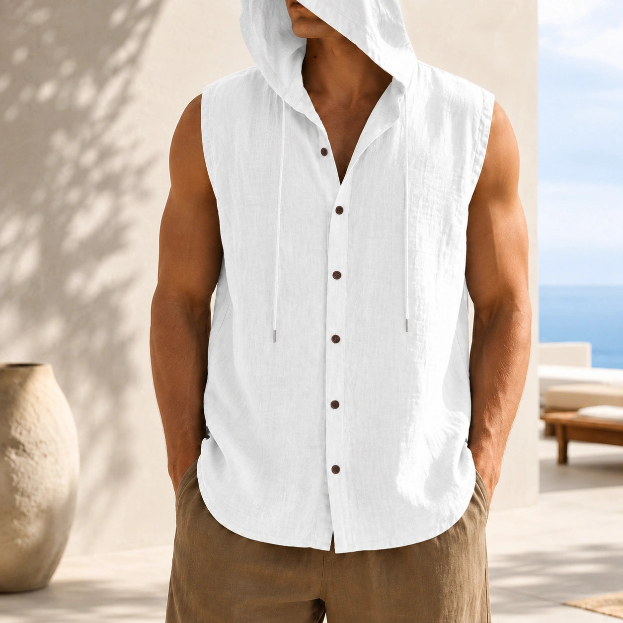 Mivanity Men's Linen Hooded Cardigan Tank Tops